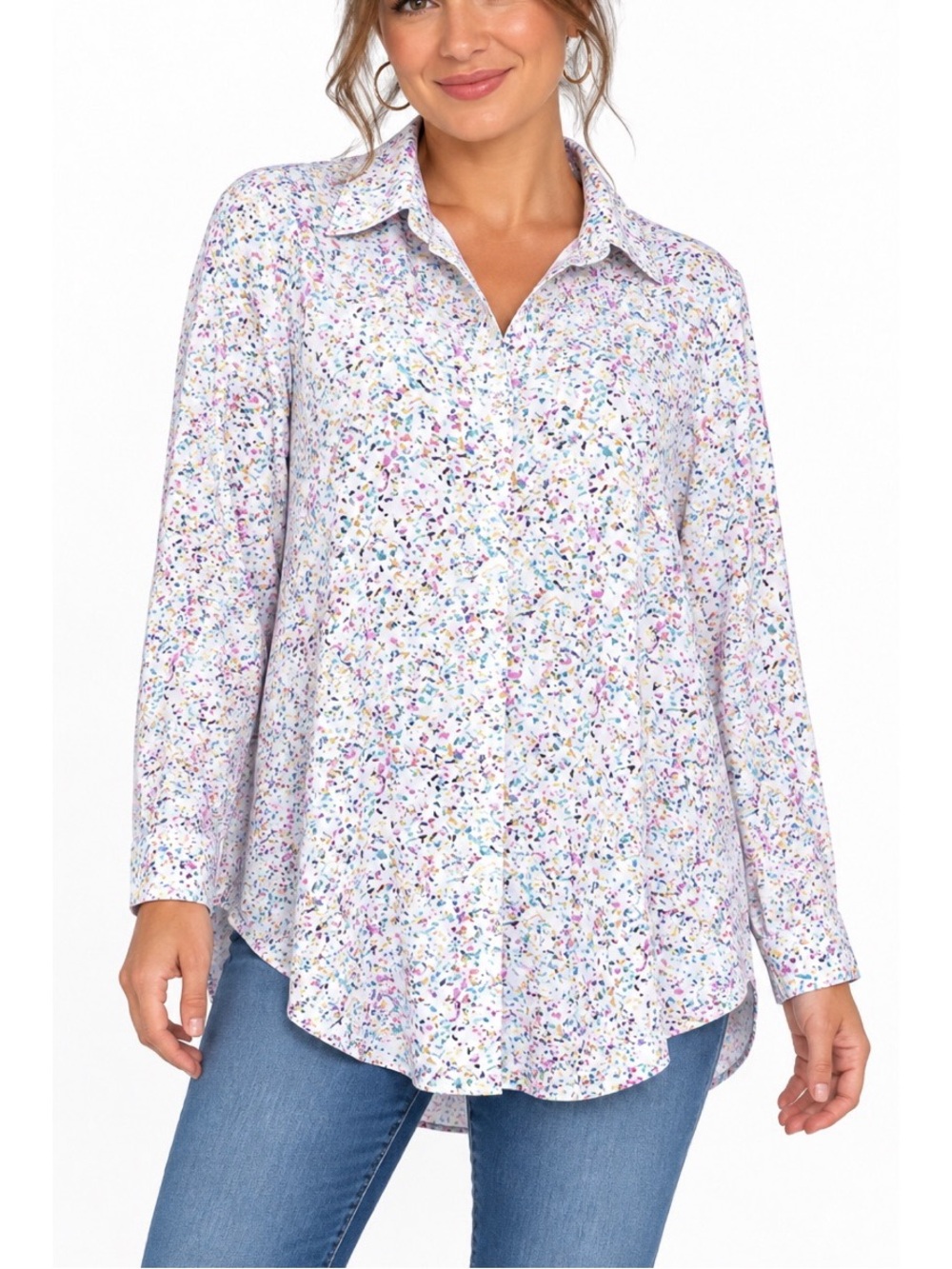 Lularoe Rainbow Confetti White Valentina Button Up Down Blouse